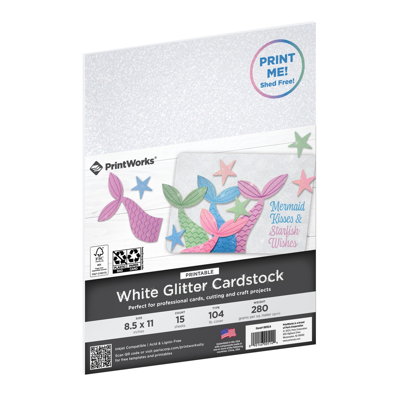 Printworks Printable White Glitter Cardstock, 15 Sheets, 8.5” x 11” (00514)